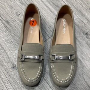 Calvin Klein Olive Taupe Leather Loafers with Metal Bar